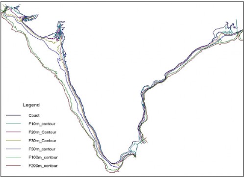 Map of coastline and bathymetric contour used as shape file