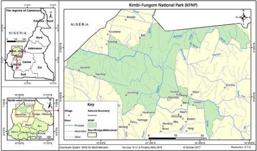 Map of Cameroon showing the location of the Kimbi-Fungom National Park in theNorth West region of Cameroon