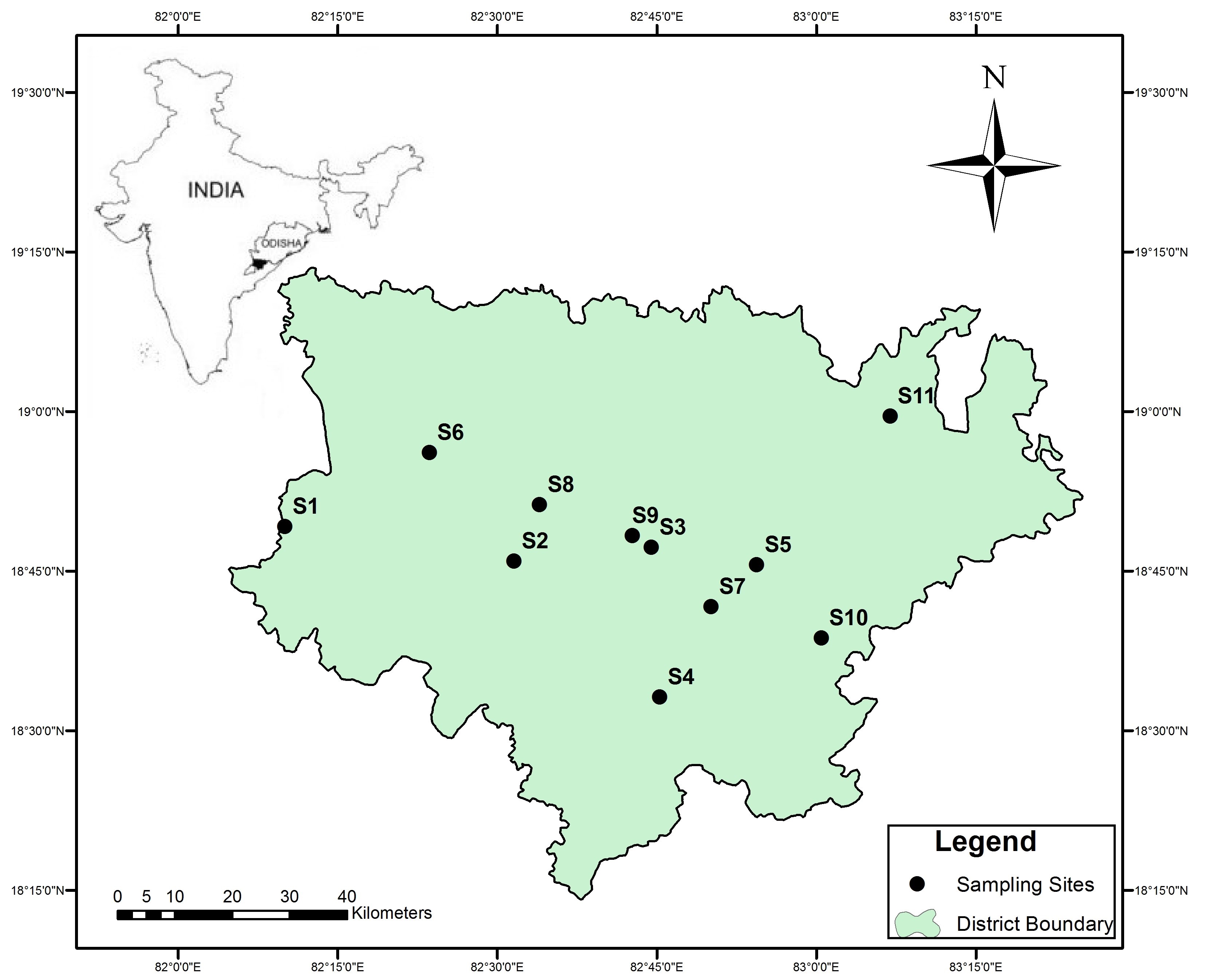 Map showing Odonate sampling sites in Koraput district, Odisha, India (S1- Gupteswar hill stream, S2- Kota hill stream, S3 -Amtiguda hill stream, S4- Rani Duduma hill stream, S5- Deomali hill stream, S6- Kundra, S7- Janiguda reservoir, S8-Jeypore Pond, S9- Koraput Pond, S10 -Damanjodi Pond, S11- Laxmipur Pond)